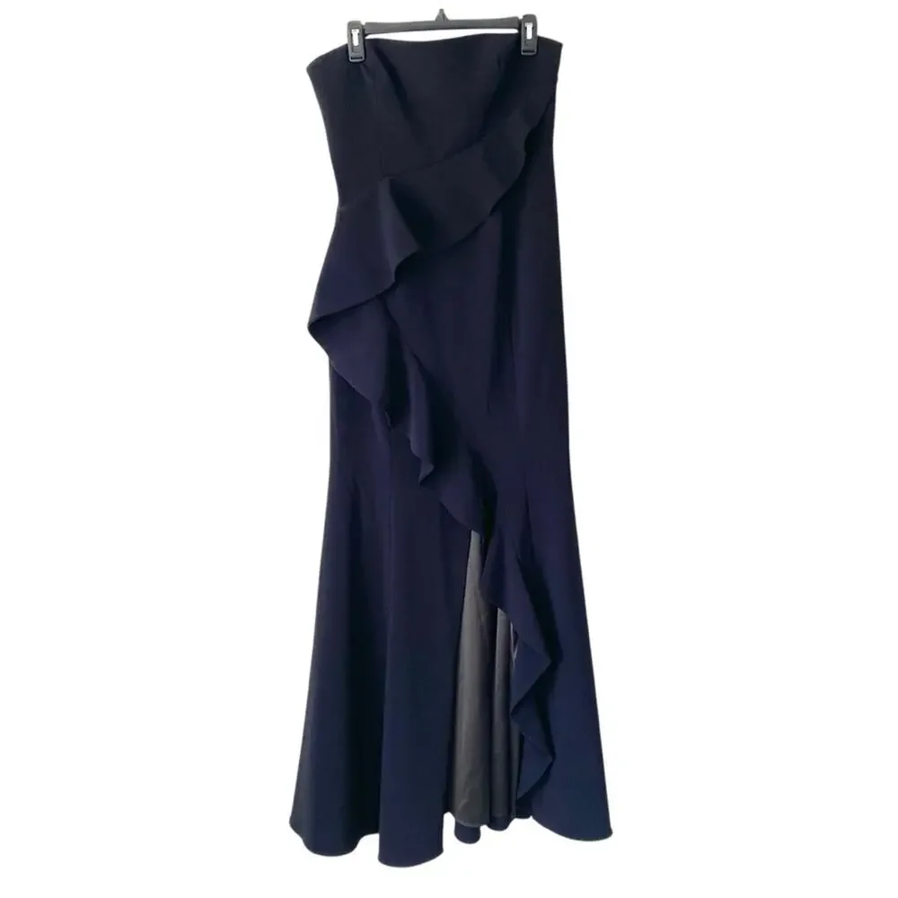 Jay Godfrey Allman Black Strapless Ruffle Gown Side Slit lined in satin size 12 - Picture 2 of 9